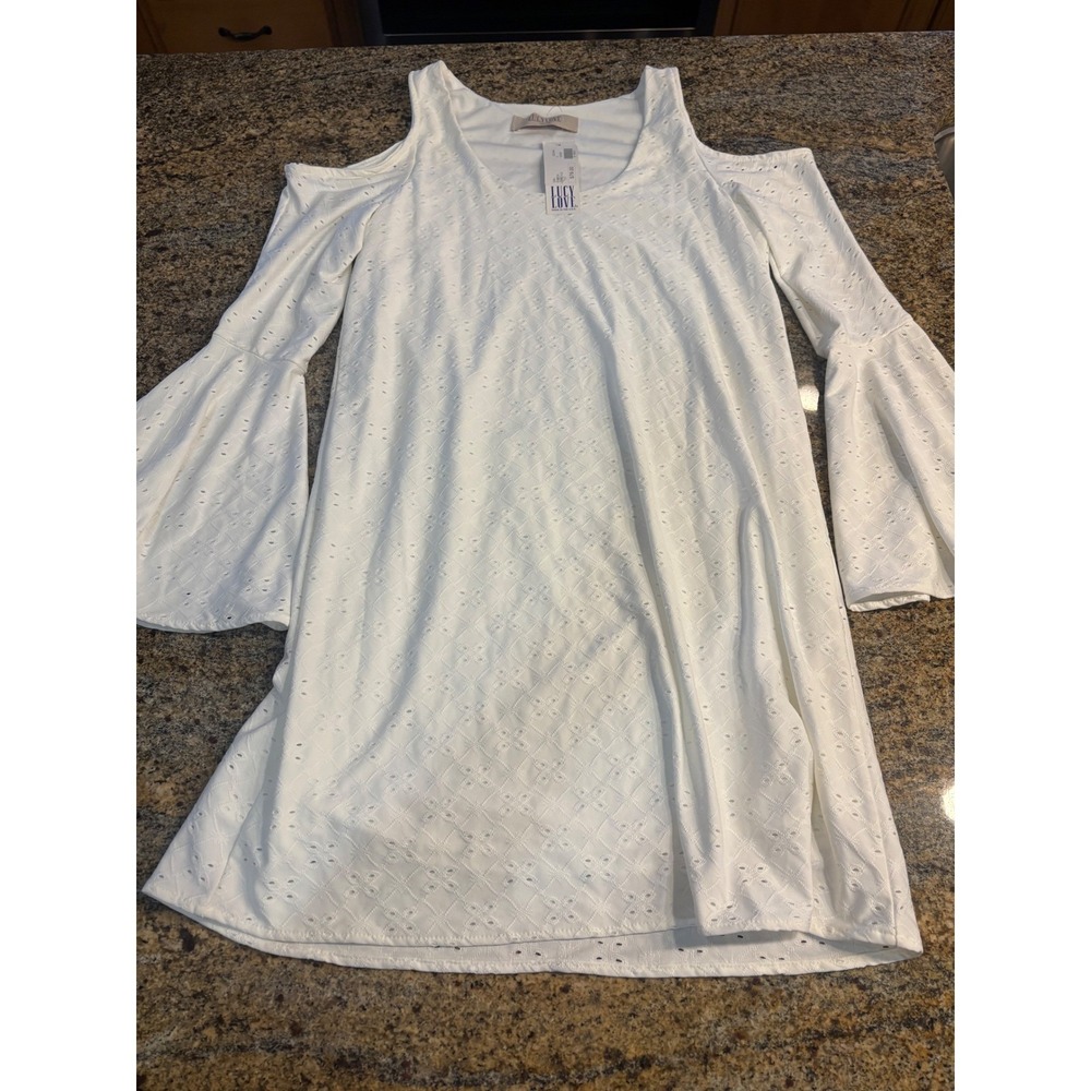 NWT LUCY LOVE CARLYLE DRESS White Cold Shoulder Eyelet Mini‎ Dress Small $79